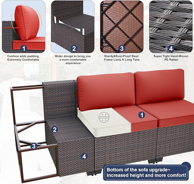 Patio Furniture Sectional Sofa 10 Pieces PE Rattan Patio Conversation Set w/43in Gas Fire Pit Table, Outdoor Furniture with 55000 BTU Propane Fire Pit, Red