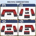 Patio Furniture Set 14-Pieces Outdoor Furniture for Backyard Wicker Sectional Sofa Set, Rattan Patio Conversation Set with Thickened Cushions and Glass Coffee Table, Red