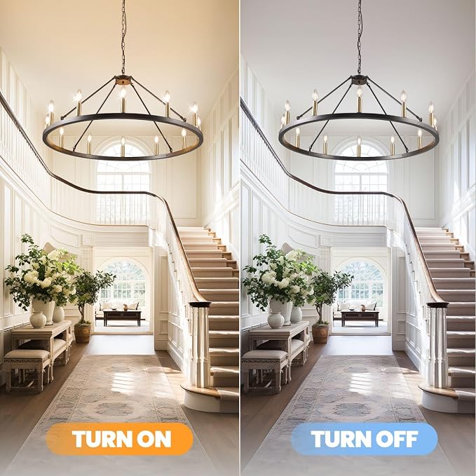 WJShome 37.5" Wagon Wheel Chandelier: The Ultimate Farmhouse Foyer Lighting Fixture - Gorgeous 12-Light Black and Gold Chandeliers to Enrich Your Dining Room!