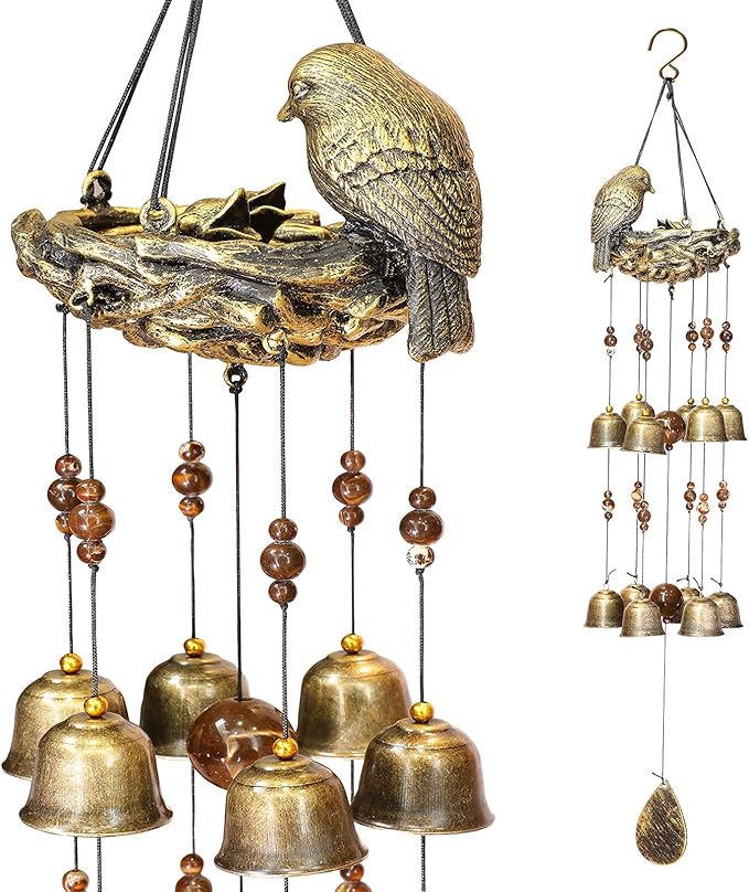 Bird Nest Wind Chimes,Wind Chimes for Outside with 12 Wind Bells for Glory Mothers Love Gift,Bird Bells Chimes Hanging Decoration for Outside Garden Yard Church, Bronze