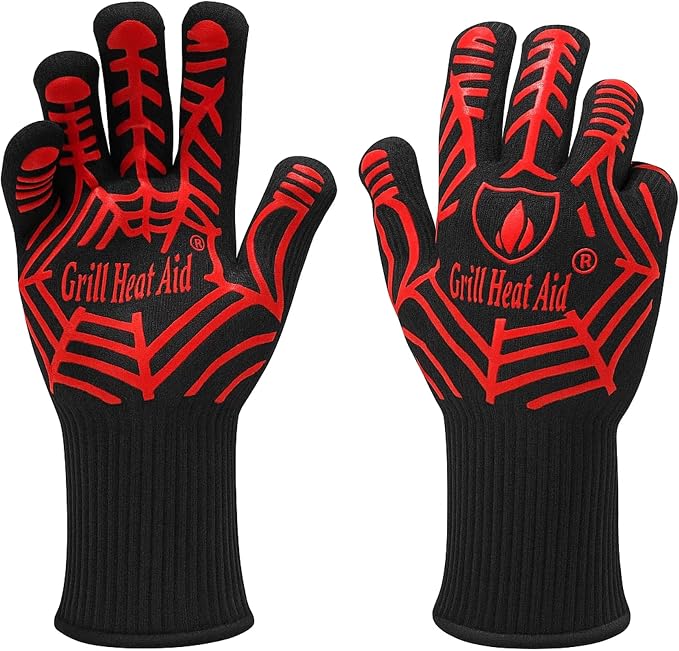 GRILL HEAT AID BBQ Grill Gloves Heat Proof for Grilling – Fireproof 1472°F Heat-Resistant Grill Mitts for Outdoor Barbecue and Smoker, Campfire, Fire Pit, Oven Glove with Fingers for Baking Pizza