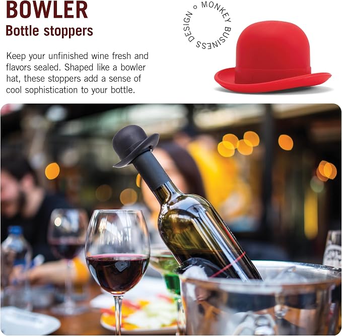 Monkey Business Silicone Wine Stopper | Seals Bottle and Keeps Wine Fresh/Cute Wine Accessories/Kitchen Gadgets/Bowler Hat Bottle Stopper (Set of 2)