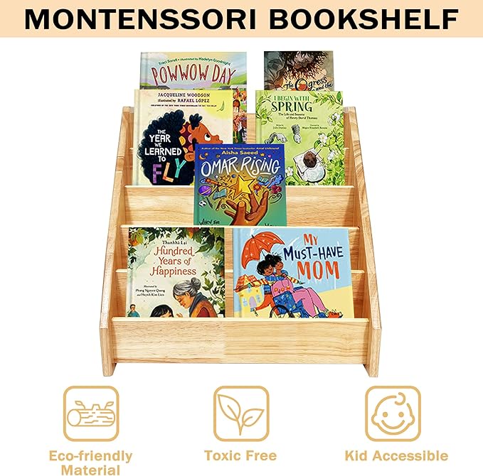5 Tier Montessori Bookshelf Solid Wood, Nursery Bookcase, Toddler Book Display Shelf for Toddler, 17" Height