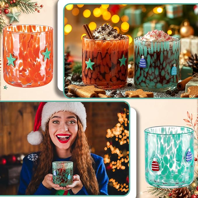 LemonRoad 2 Pcs Christmas Glass Cups 16 oz Green Star Mini Hat Icon Juice Glasses Double Old Fashioned Wine Coffee Cocktail Cups Drinking Glassware for Holiday Xmas Party Supplies Gift