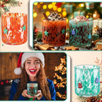LemonRoad 2 Pcs Christmas Glass Cups 16 oz Green Star Mini Hat Icon Juice Glasses Double Old Fashioned Wine Coffee Cocktail Cups Drinking Glassware for Holiday Xmas Party Supplies Gift