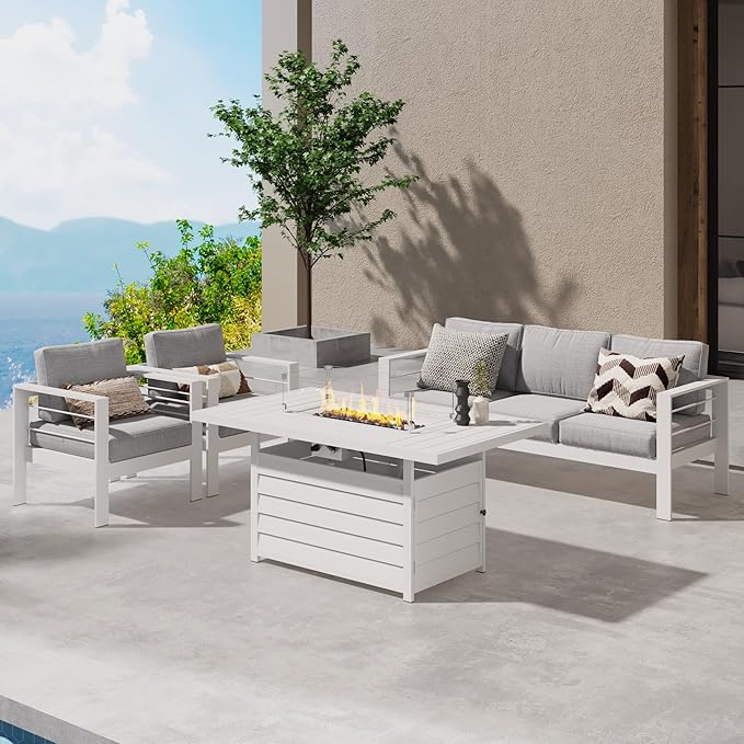 Wisteria Lane Aluminum Patio Furniture Set, 4 Pcs Metal Outdoor Furniture Set with CSA Certified 54in Propane Gas Fire Pit Table, Patio Conversation Set with 5in Olefin Cover Cushions, White