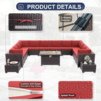 Patio Furniture Set with Fire Pit Table 15 PCS Outdoor Sectional Furniture Outdoor Rattan Patio Conversation Sets with 43in 55,000 BTU Propane Gas Fire Pit Table Glass Table, Red
