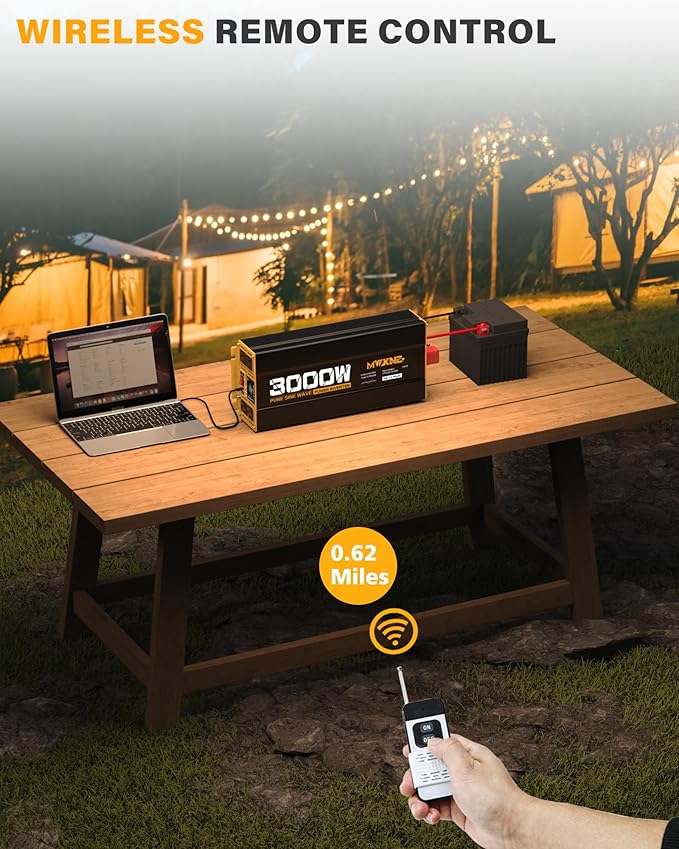 3000W Pure Sine Wave Inverter 24V DC to 110V 120V AC Converter for RV Truck Home Off-Grid Solar Power Inverter with Type-C PD30W/USB Port QC3.0 Quick Charging, 4 AC Outlets, Remote Control