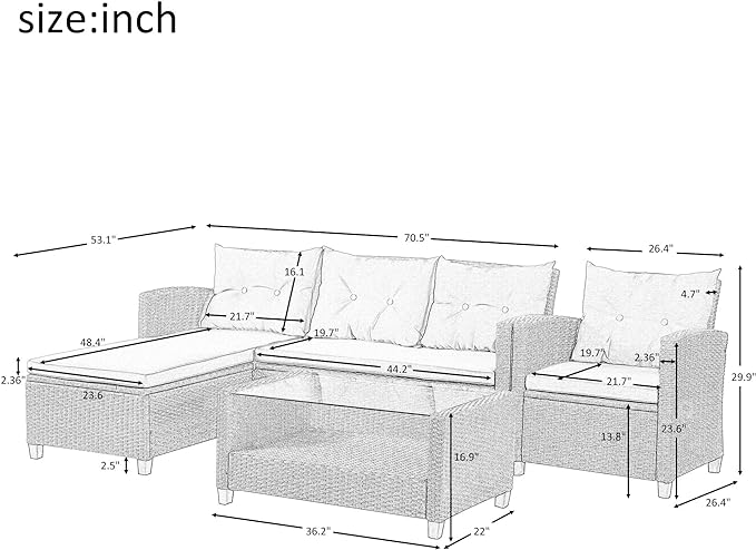 6 Piece Patio Furniture Rattan Outdoor Sectional Conversation Sets, Dining Table Chair with Bench and Cushions for Backyard, Pool, Lawn, O-Beige