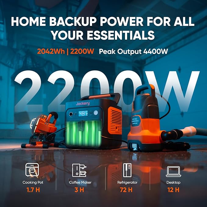 Jackery Explorer 2000 v2 Solar Generator and 500W Solar Panel, 2042Wh LiFePO4 Power Station, 2200W AC Output, 1 Hour Fast Charging for Emergencies, Power Outages, Camping
