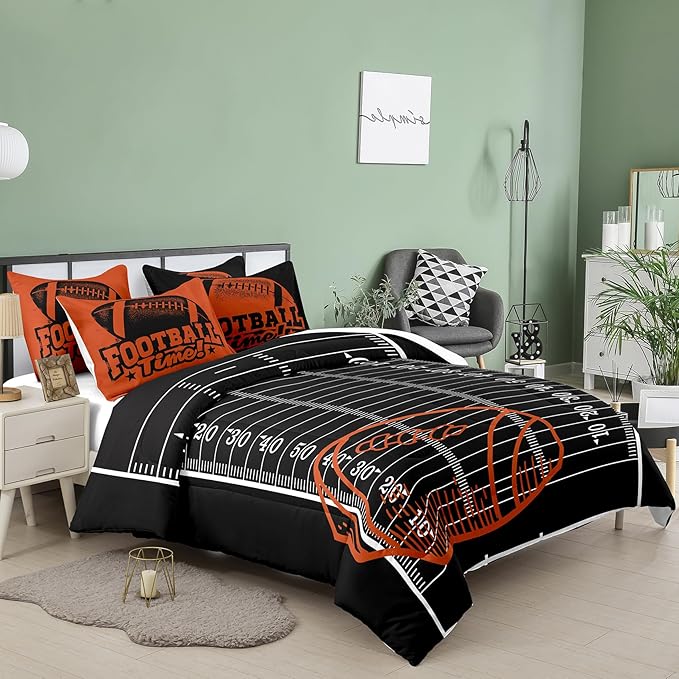 Tailor Shop Sports Football Comforter Set for Boys Kids Teens ，Football Bedding Sets Full Size Black Rugby Theme Bedding Set with 2 Comforter 2 Pillowcases