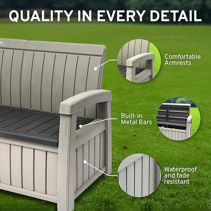 EconoHome 3 Seat Outdoor Storage Bench with Rain Cover - 90 Gallon Capacity - Weatherproof Resin Bench for Patio, Porch, Garden, Yard, Pool Area - Furniture for Pool Accessories, Gardening Tools