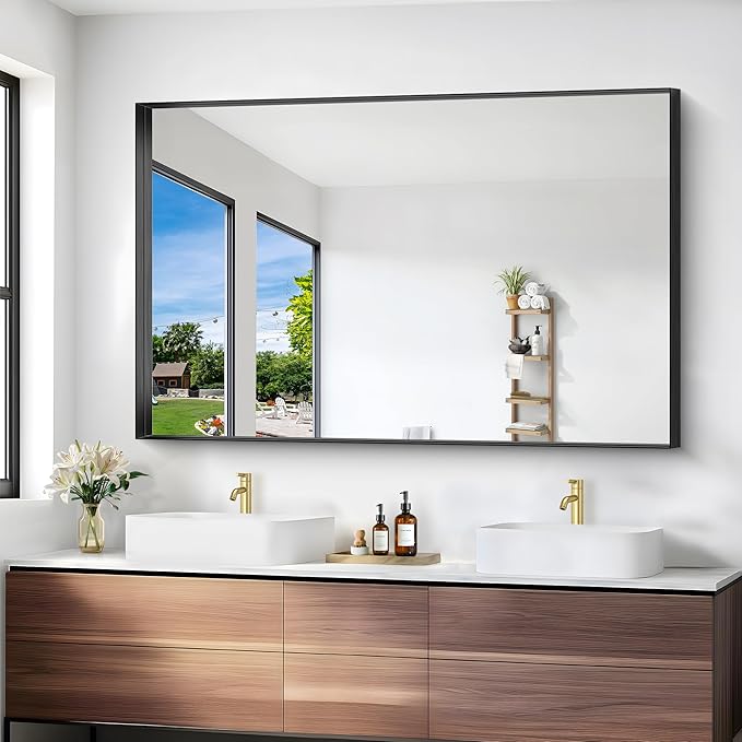 Black Bathroom Mirror, 36x55 Inch Rectangular Deep Frame Mirror, Large Wall Mounted Bathroom Vanity Mirror Over Sink for Bedroom,Restroom, Living Room, Hangs Vertically or Horizontally