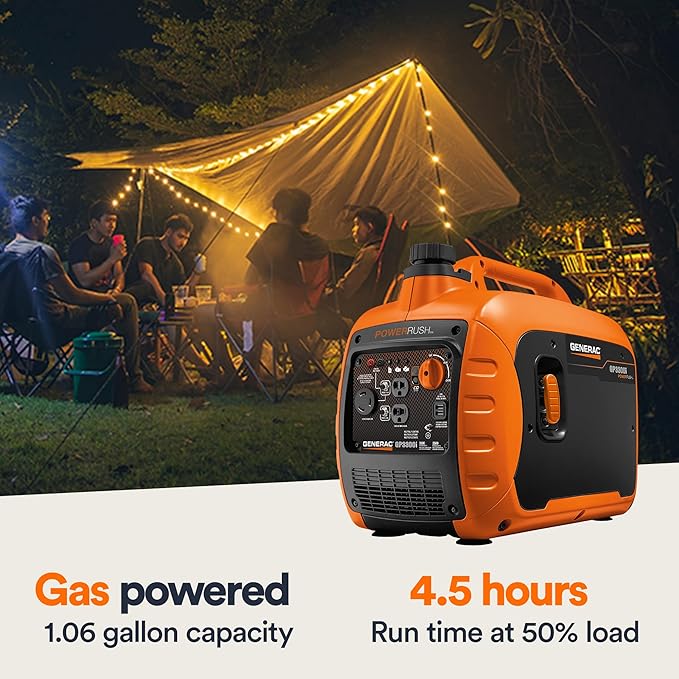 Generac 3,300-Watt Gas Powered Portable Inverter Generator - Lightweight and Compact - USB Ports for Device Charging - Produces Clean, Stable Power - Great for Home Backup, Camping, and RV Use