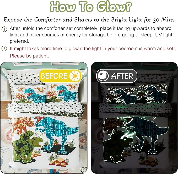 KALEIDOSPACE Gilrs Boys Bedding Sets Twin, 5 Piece Glow in The Dark Dinosaur Bed in A Bag-1 Comforter,1 Pillow Sham, 1 Pillowcase, 1 Flat Sheet, 1 Fitted Sheet