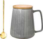 Large Ceramics Coffee Mugs,with Spoon and Wooden Lid,for Coffee,Tea,Cocoa,Large Handle Design,Microwave Dishwasher Safe (Gray Set)