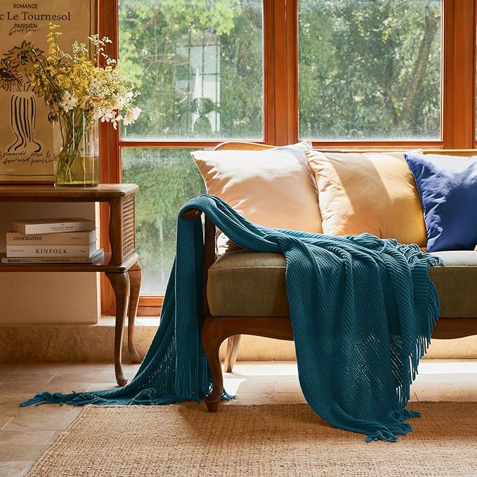 lifein Throw Blanket for Couch, Soft Boho Decor Bed Throw,Cozy Teal Knitted Chenille Small Farmhouse Lightweight Throw for Spring(Teal,50 * 60")