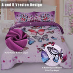 ENCOFT Butterfly Comforter Queen Size, 3 Pieces Girls Teen Kids Quilted Bedspread Queen Bed Comforter Bedding Sets, All Seasons Microfiber Purple Butterfly Bedding Set, with Pillowcase