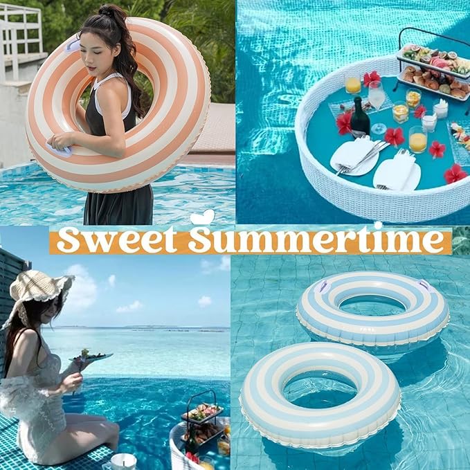 2 PCS Striped Pool Floats for Adults Swimming Rings Tube with Handles -Inflatable Pool Float Tube for Adults Pool Floats for The Beach, Party, Vacation
