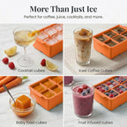 KitchFort® Large Silicone Ice Cube Tray (2-Pack), Easy Release 2" Big Ice Cubes - Cocktail, Whiskey Ice Cubes Mold - Ice Trays for Freezer with Lid - Stackable Silicone Ice Tray - Orange