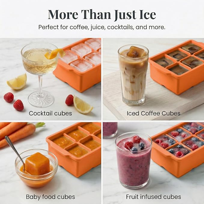 KitchFort® Large Silicone Ice Cube Tray (3-Pack), Easy Release 2" Big Ice Cubes - Cocktail, Whiskey Ice Cubes Mold - Ice Trays for Freezer with Lid - Stackable Silicone Ice Tray - Orange