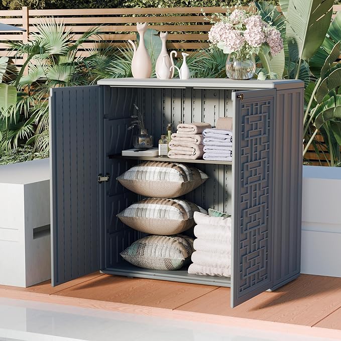 Indoor Outdoor Storage Cabinet Waterproof with Shelf,Plastic Storage Sheds Outdoor Cabinets for Patio/Garden/Backyard, Size 34.3''L*15''W*36.2''H（Gray）