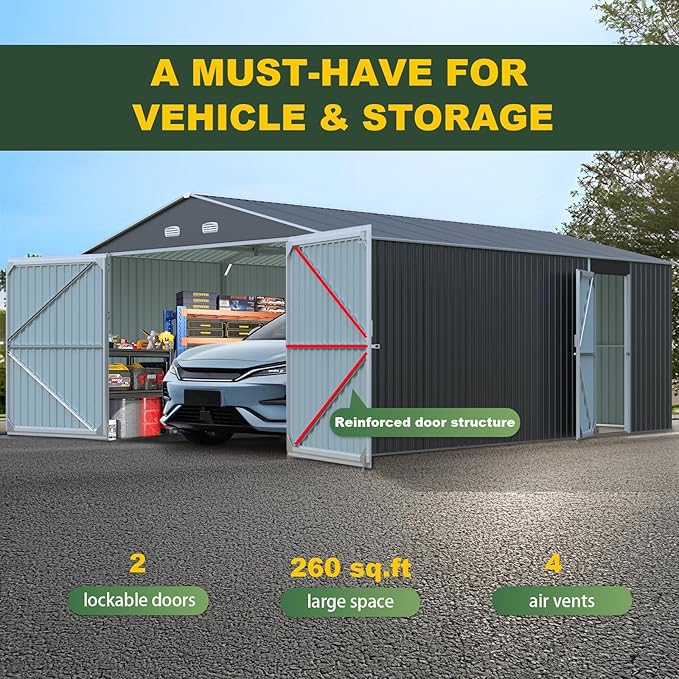 Metal Garage Shed 20x13 FT, Sheds & Outdoor Storage Clearance, Outdoor Storage Shed for Car, Truck, Bike, Lawnmower, Backyard Tool House, Boasting 2 Doors and 4 Vents, Dark Gray