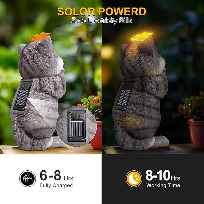 Solar Garden Decor Outdoor Statues Cat - Lawn Decor Statue for Patio, Balcony, Yard Ornament - Unique Gifts for Housewarming, Birthday, Christmas (Gray)