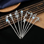 8 Pcs Star Moon Hair Sticks Chinese Hanfu Asian Hair Chopsticks Metal Silver Hair Bun Updo Holders for Women Accessories Long Hair
