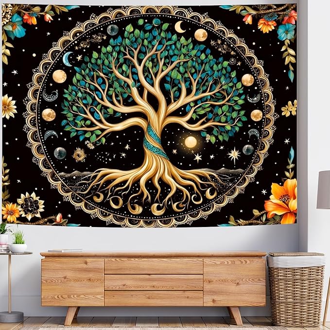Delur Tree of Life Tapestry Moon Phase Nature Flower Plant Tapestry Wall Hanging Boho Mandala Spiritual Sun Aesthetic Psychedelic Headboard for Bedroom Living Room Home Decor (51.2" x 59.1")