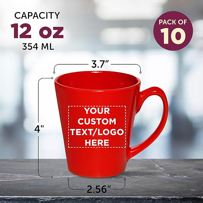 DISCOUNT PROMOS Custom Glossy Ceramic Latte Coffee Mug 12 oz. Set of 10, Personalized Bulk Pack - Perfect for Tea, Espresso, Cappuccino, Hot Cocoa - Red