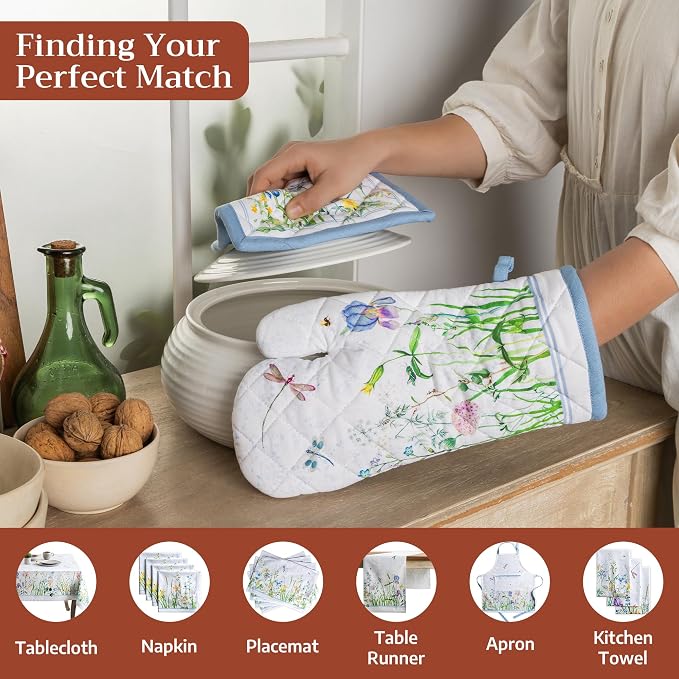 Maison d' Hermine Pot Holders 100% Cotton Potholders (8" x 8", Pack of 1) | Heat Resistant Hot Pads with Loop BBQ Cooking Baking Farmhouse Kitchen Handling Hot Pans Spring Summer - Fleurs De Mai