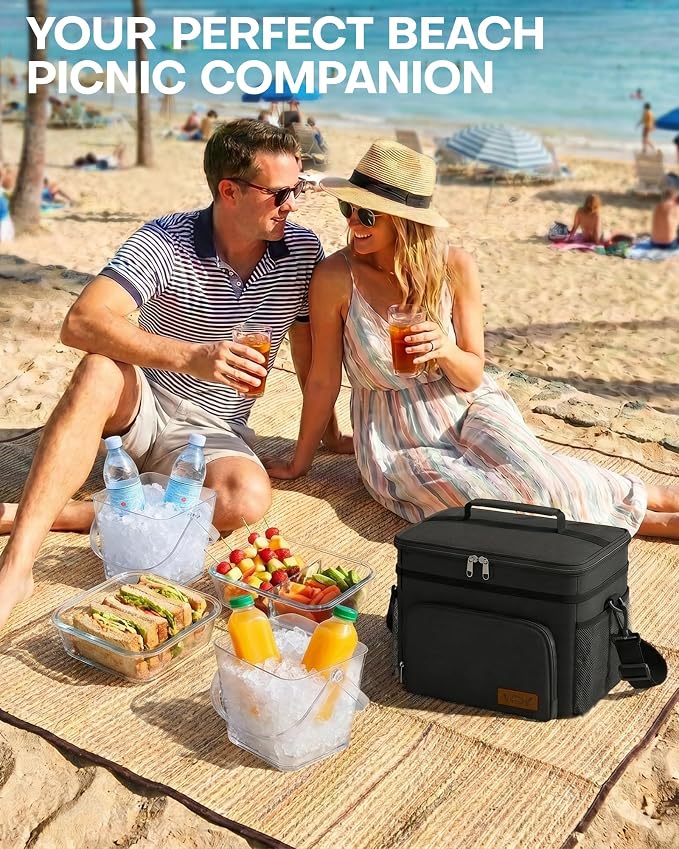 HOTOR Insulated Lunch Box Men Women Leak-Proof Cooler Lunch Bag 9L | 4 Pockets, Adjustable Strap, Ideal for Work, Picnic, Travel, Camping, Gift, Black