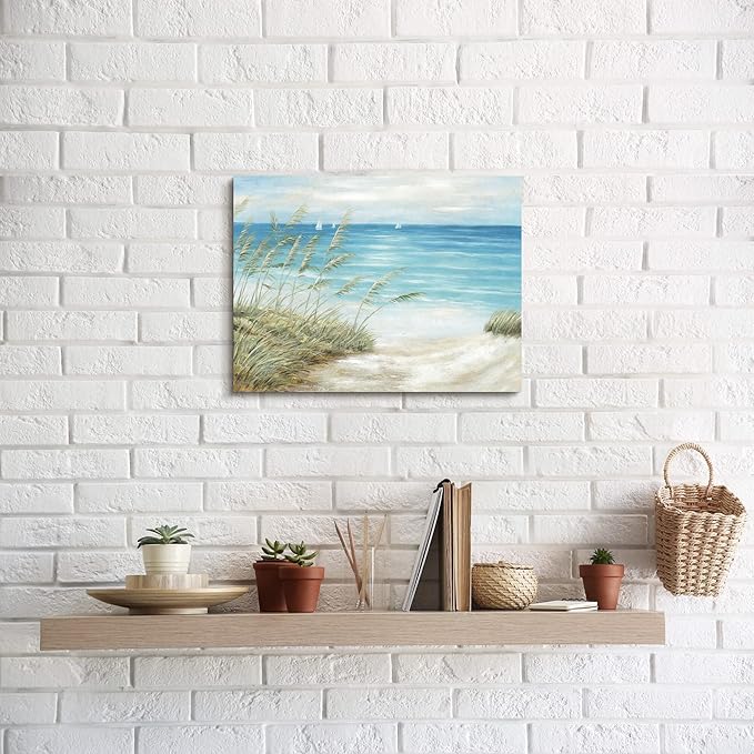 Beach Sea Canvas Wall Art: Seaside Coastal Reed Painting Blue Ocean Nautical Picture Modern Minimalist Seascape Grass Path Artwork Decor for Living Room Bedroom