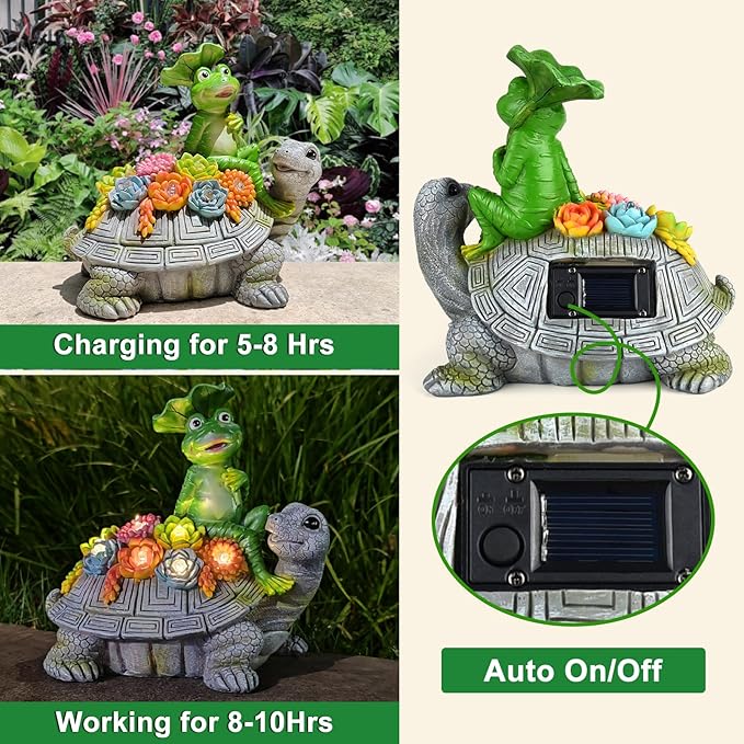 ILLUMINEW Solar Garden Outdoor Statues Turtle& Frog with Succulent and 8 LED Lights, Turtle Carrying Lotus Leaf Frog Figurines, Lawn Decorations for Patio Yard Gifts for Mom Grandma Housewarming