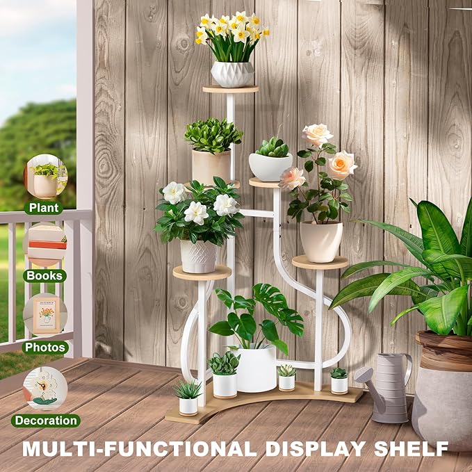6-Tier Corner Plant Stand, Indoor Plant Stand with L-shaped Base, Aesthetic Metal Plants Shelf for Multiple Plants Flower Pot, MDF Outdoor Plant Holder for Patio Balcony (White)