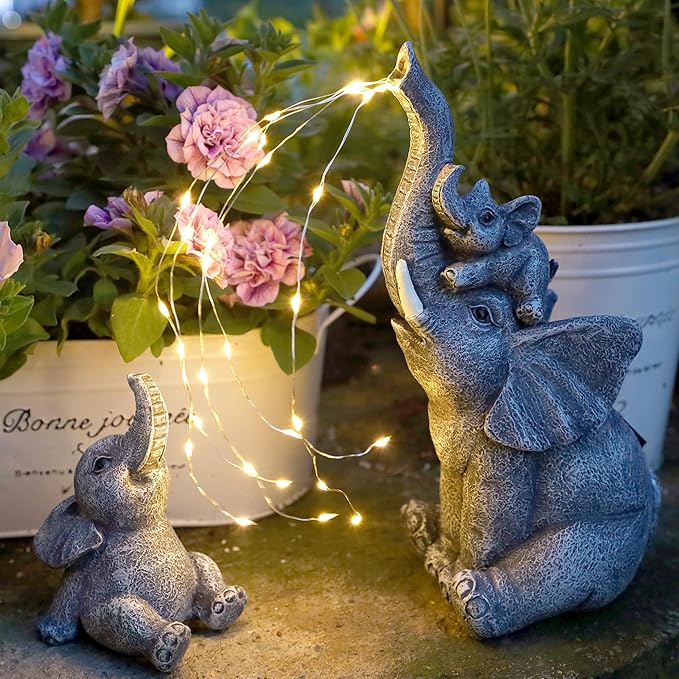 FORUP Garden Elephant Statue, Solar Elephant Statues for Garden Decor, Elephant Figurine with Solar Watering Lights, Elephant Outdoor Sculptures for Outside Porch Patio Balcony Front Yard