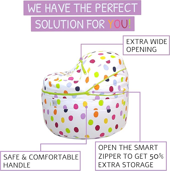 2 Sizes in 1 Stuffed Animal Storage Bean Bag Chair Cover for Kids & Adults | Washable XL Stuffie Seat | 100% Cotton | Pouf Organizer for Plush Toys, Linens, Quilts & Pillows | Polka Dots