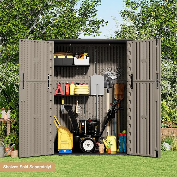 KINYING Outdoor Storage Shed,57 Cu.ft Vertical Outdoor Storage Cabinet Waterproof, Outdoor Resin Tool Shed for Patio Furniture, Garden Tools, Pool Accessories, Lawn Mower(Coffee Color)