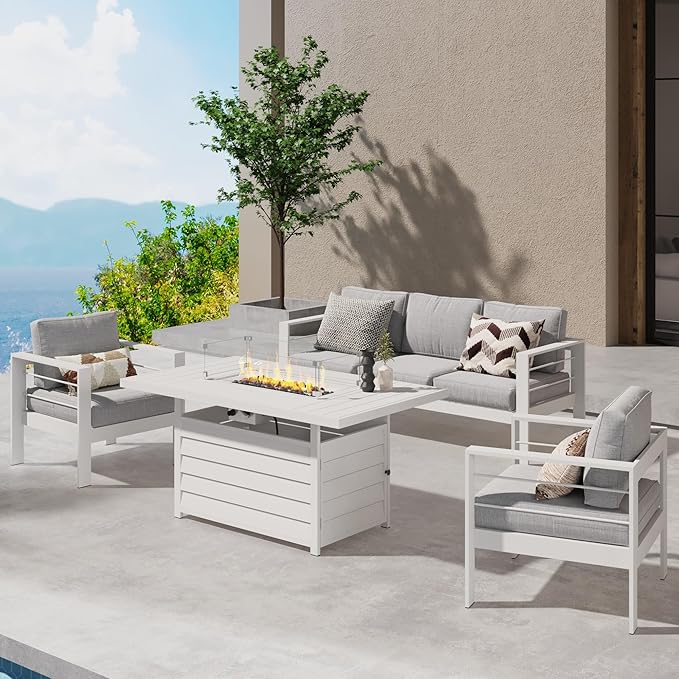 Wisteria Lane Aluminum Patio Furniture Set, 4 Pcs Metal Outdoor Furniture Set with CSA Certified 54in Propane Gas Fire Pit Table, Patio Conversation Set with 5in Olefin Cover Cushions, White