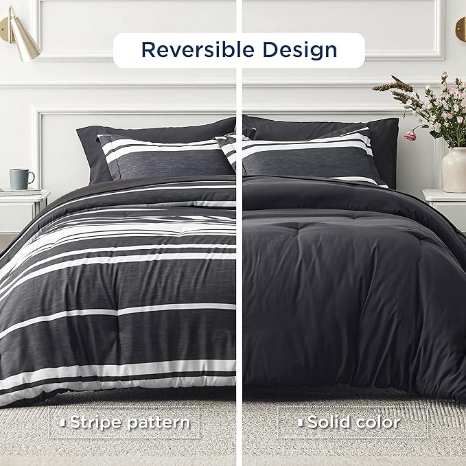 Bedsure Bed in a Bag King Size 7 Pieces, Black White Striped Bedding Comforter Sets All Season Bed Set, 2 Pillow Shams, Flat Sheet, Fitted Sheet and 2 Pillowcases