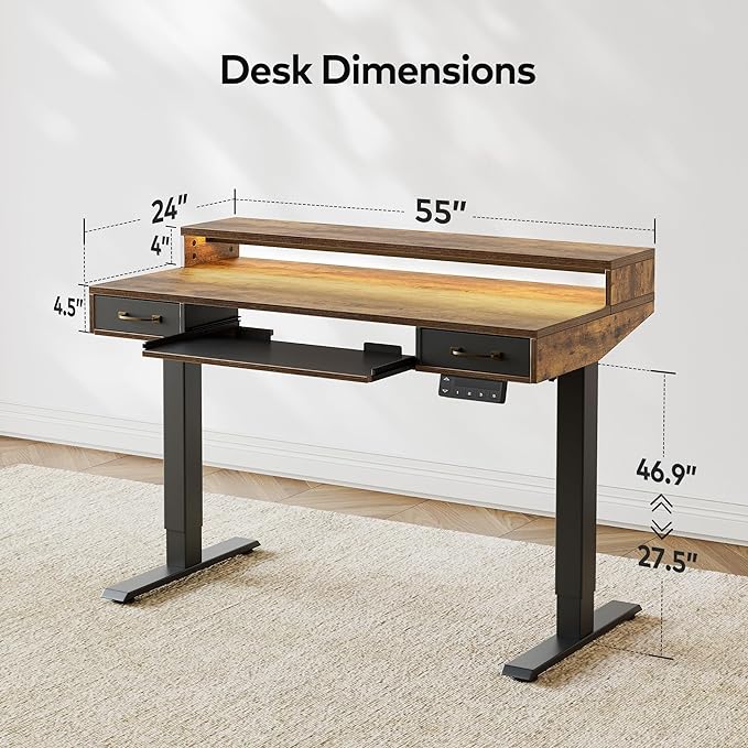 FEZIBO 55 x 24 Inch Height Adjustable Electric Standing Desk with Double Drawers&Keyboard Tray, Stand Up Desk with LED Strips, Sit Stand Desk with Monitor Stand, Rustic Brown