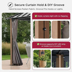 SUNJOY Kingston 10' x 10' Hardtop Gazebo with Galvanized Steel/Polycarbonate Double Roof, Curtain and Netting, Woodgrain Finish Aluminum Posts Permanent Pavilion Gazebo for Garden, Patio, Deck, Lawn
