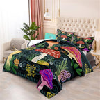 Mushrooms Bedding Set Twin Size, Cartoon Fungus Comforter for Girls Boys Teens, Black Lovely Quilt Botanic Pattern Comforter Set Soft Breathable Cute Duvet Set for All Season 2Pcs with Pillowcase