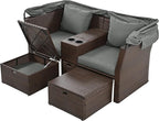 2-Seater Outdoor Patio Convertible Sunbed, All Weather Rattan Double Daybed Couch Foldable Awning, Cushions and Storage Boxes, Loveseat Sofa Set for Garden, Poolside, Balcony, Ab-Aa-Grey