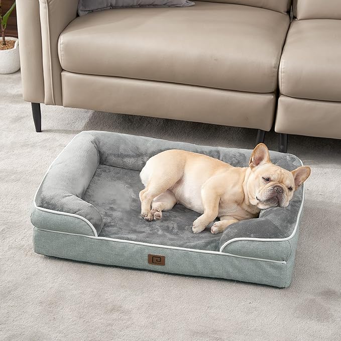 EHEYCIGA Orthopedic Dog Beds for Large Dogs, Waterproof Memory Foam Large Dog Bed with Sides, Non-Slip Bottom and Egg-Crate Foam Large Dog Couch Bed with Washable Removable Cover, Greyish Green