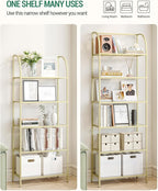 Bookcase Bookshelf, Tempered Glass Arched Bookshelf for More Storage, Slim Shelving Unit for Bedroom, Bathroom, Home Office, Steel Frame, Wide 5 Tier Gold BC22599G