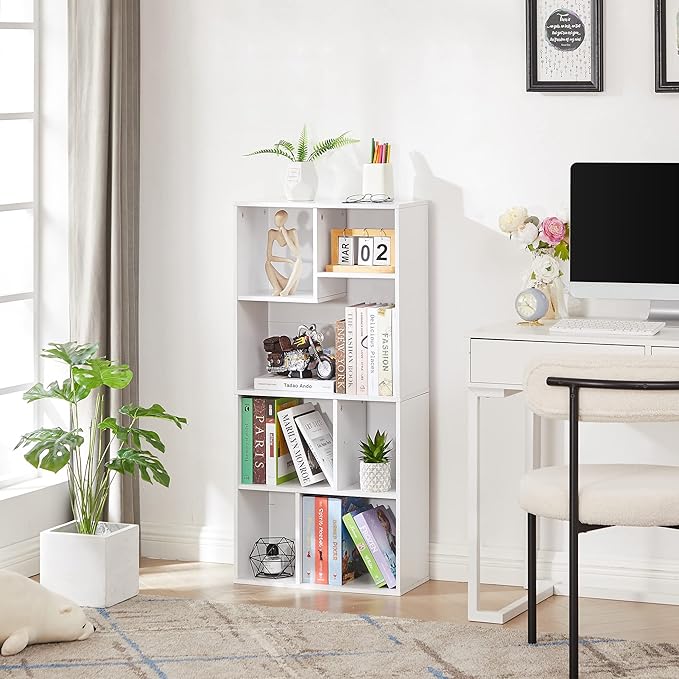 VECELO 42 Inch High Bookcase, 4-Tier Modern Storage Cabinet with Height Difference Shelves Fits Tallest Hardcovers, Floor Standing Display, 7 Cubes, Horizontal Avaiable, Easy Assembly, White