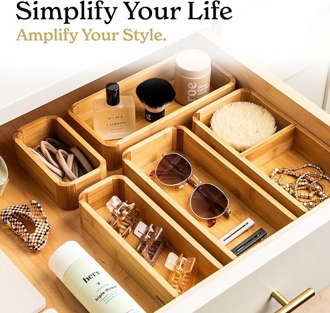 SMIRLY 5-Piece Bamboo Kitchen Drawer Organizer Set for Large and Small Utensils, Multi-use Storage Box - Bathroom, Nightstand, Jewelry, Cutlery, Knife, Spice, Towel, Junk Drawer Tray
