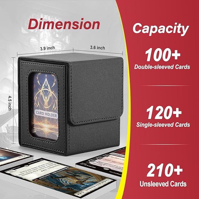 MTG Deck Box, Double Display Window MTG, Commander Deck Box Fits 120+ Single Sleeved Cards, PU Leather Magnetic Closure Card Box with 2 Dividers&2 Toploaders for TCG, CCG, Black